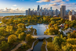 Sonnenaufgang über dem North Pond im Lincoln Park